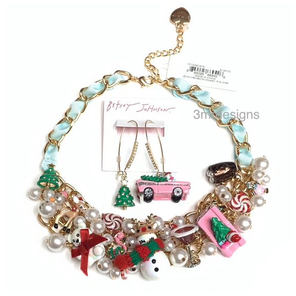 NWT Betsey Johnson 💋SANTA TRUCK Gold Tone Crystal Drop Earrings & Necklace Set - Picture 2 of 13